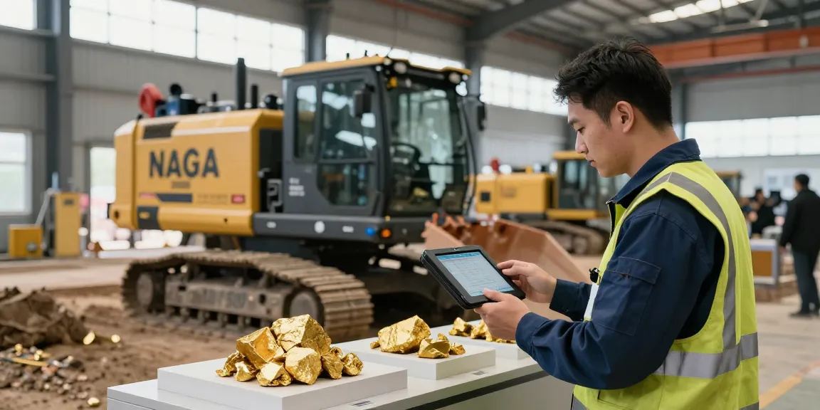 NAGA2000 mining equipment in action with technicians evaluating machinery and gold ore samples in a professional setting.