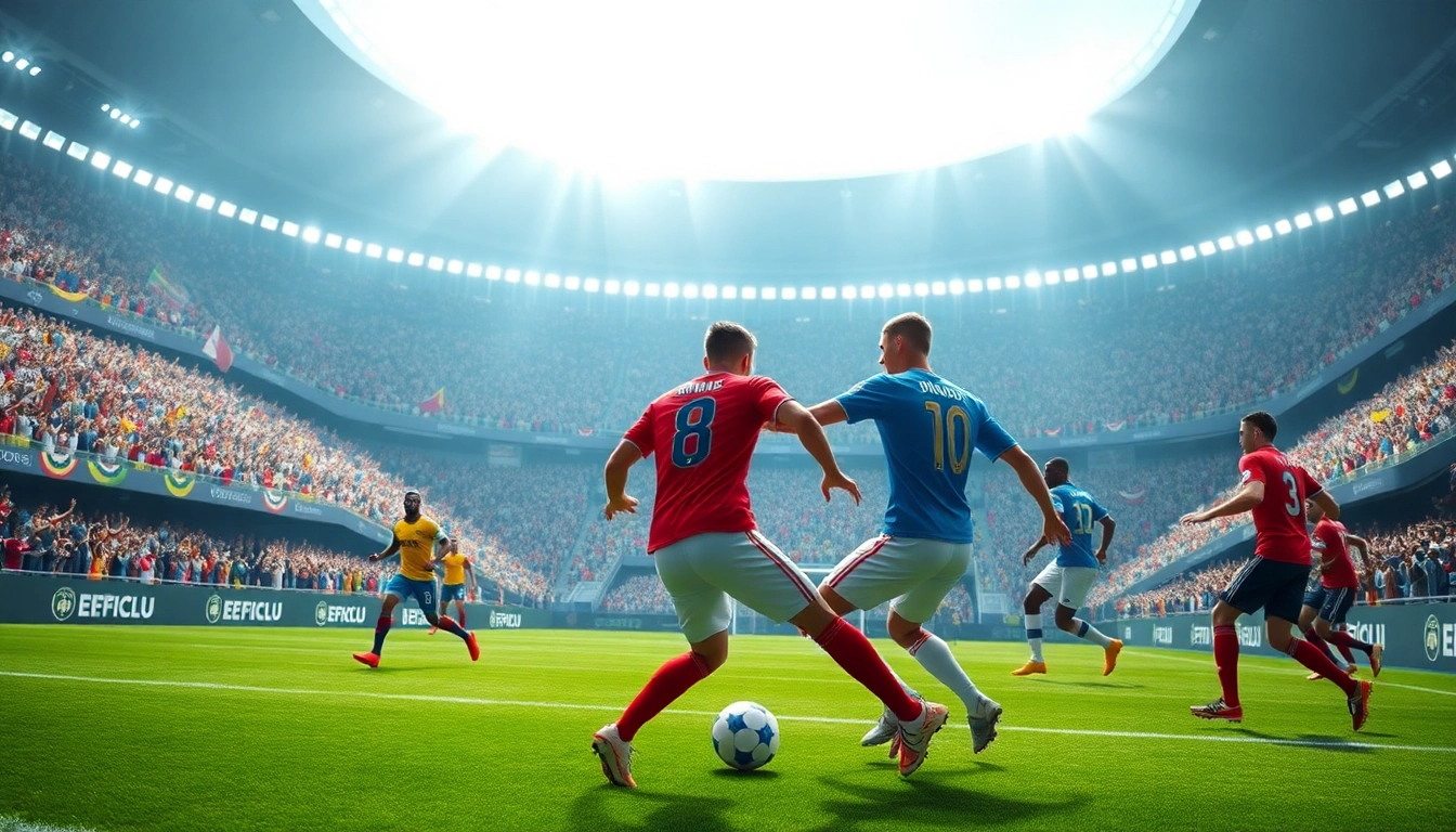 Jadwal piala dunia ditampilkan dalam suasana stadion sepak bola yang energetik dengan para pemain bertanding.