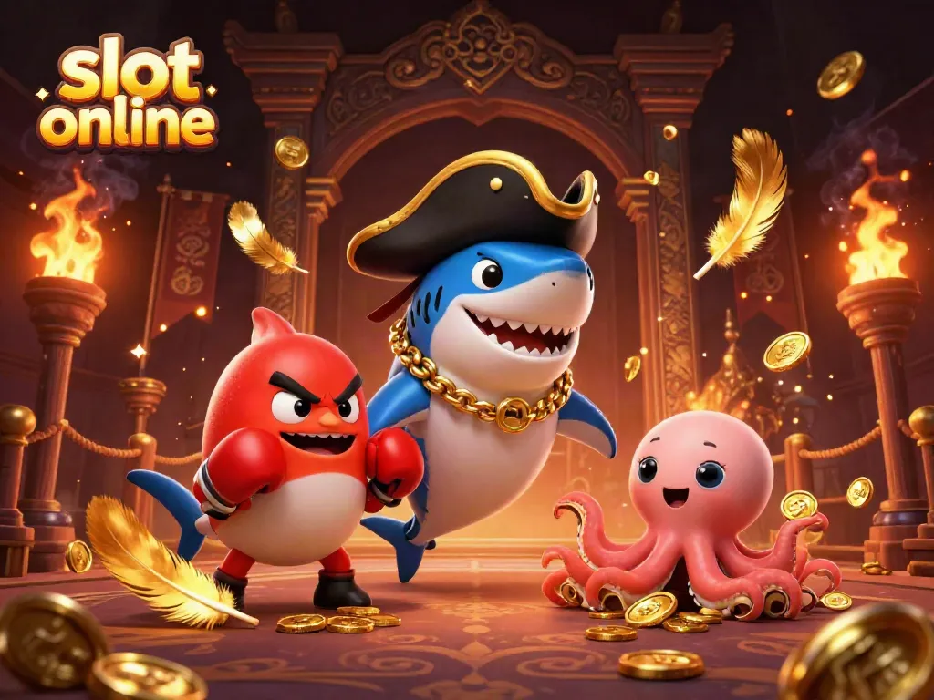 Menangkan slot online dengan ilustrasi kartun 3D ikan hiu bajak laut, ikan puff merah, dan bayi gurita menggenggam koin emas.