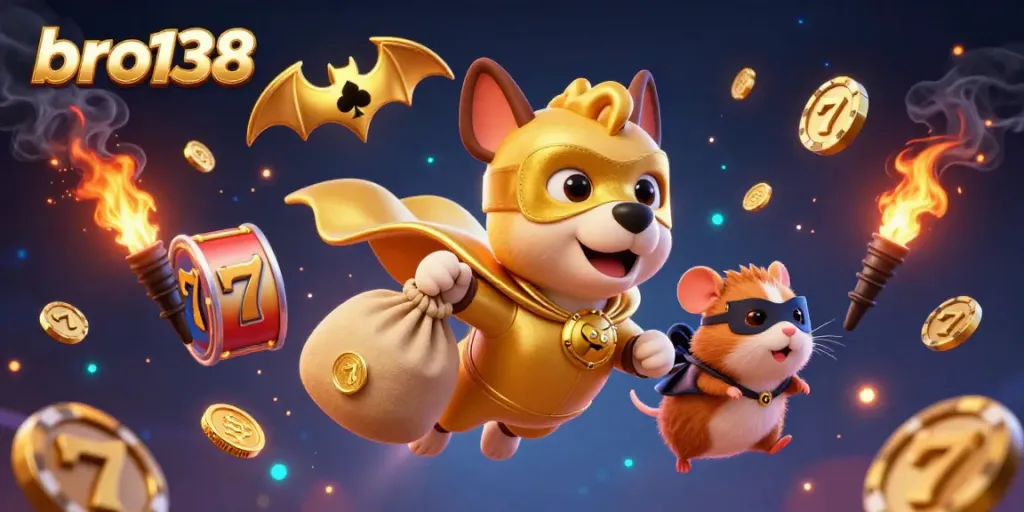 Spin big with bro138 as a superhero dog and hamster take on the casino world with slots and jackpots!