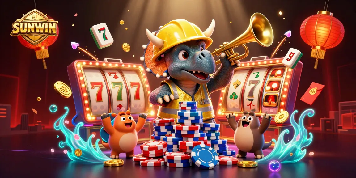 SUNWIN celebrates with a vibrant scene of a triceratops building poker chip pyramids and festive game elements