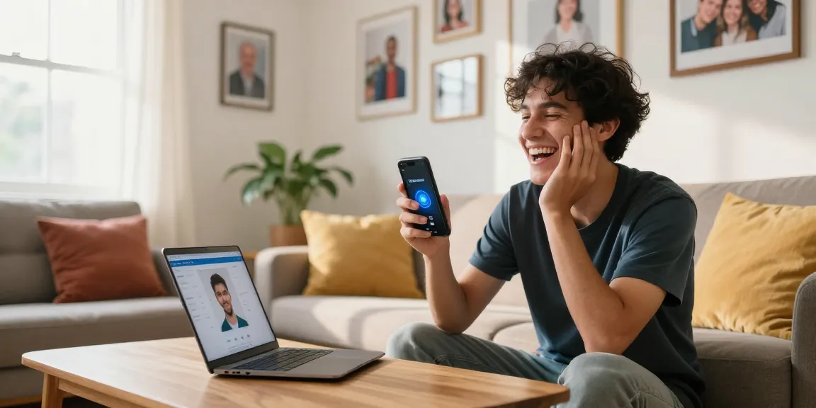 Engaging with online tool to see how old do I look while sitting in a cozy living room