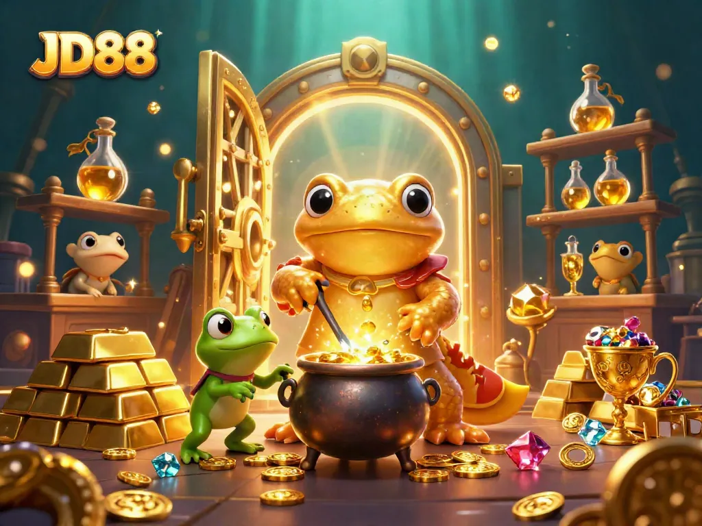 Experience the magic of JD88 with a golden salamander alchemist and treasures in a vibrant casino scene.