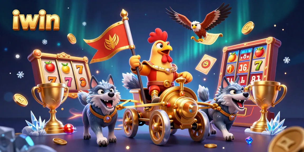Experience the excitement of iwin with a vibrant 3D illustration of a rooster warlord in a dynamic casino scene.