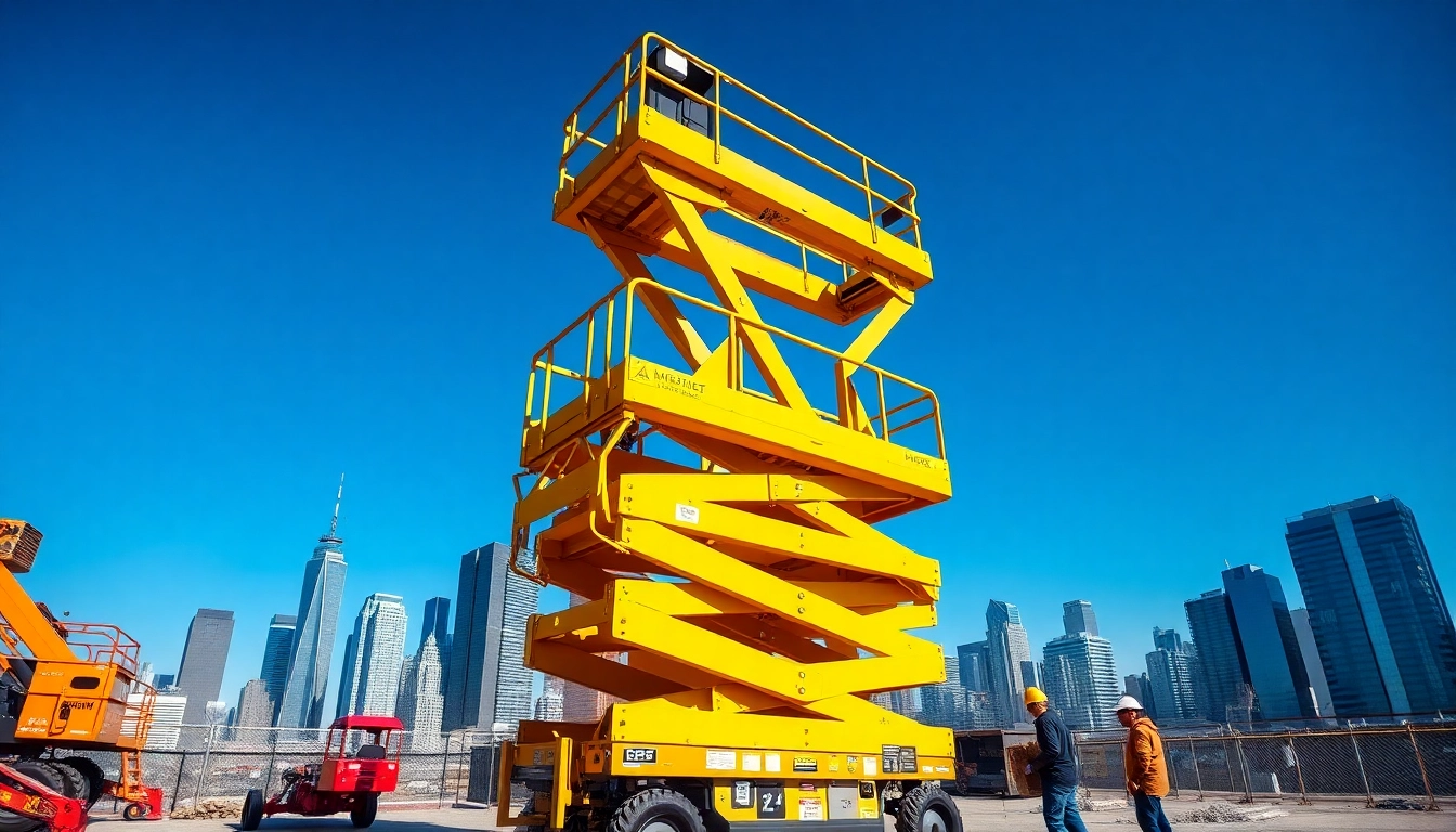Workers operating a scissor lift at a construction site, showcasing height and functionality.