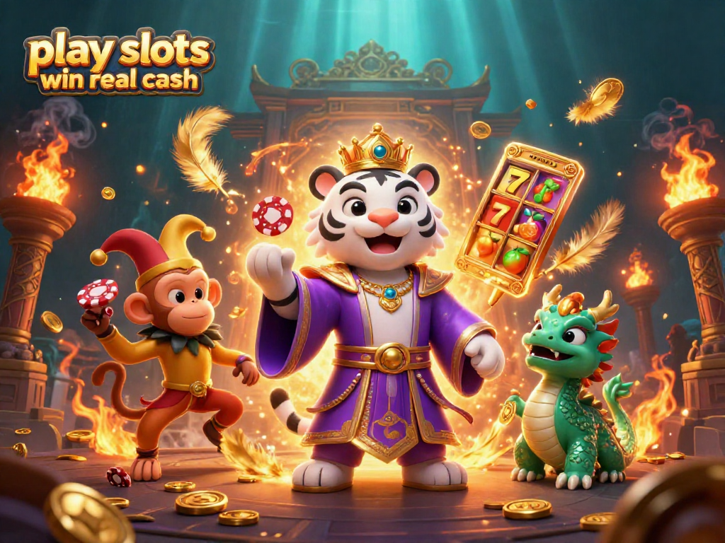 Play slots win real cash with exciting 3D characters in a vibrant casino scene.