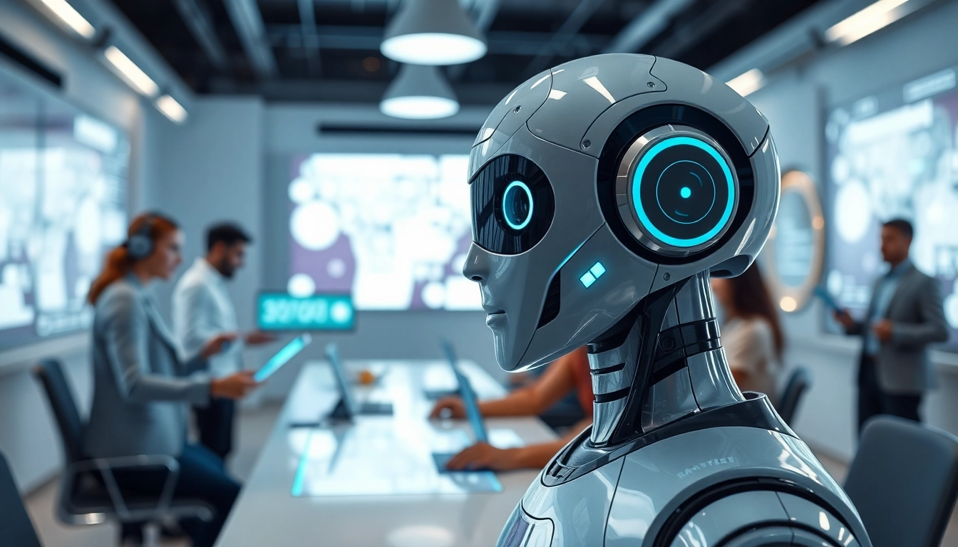 Ai Bots engaging with users in a modern workspace, showcasing digital interaction.