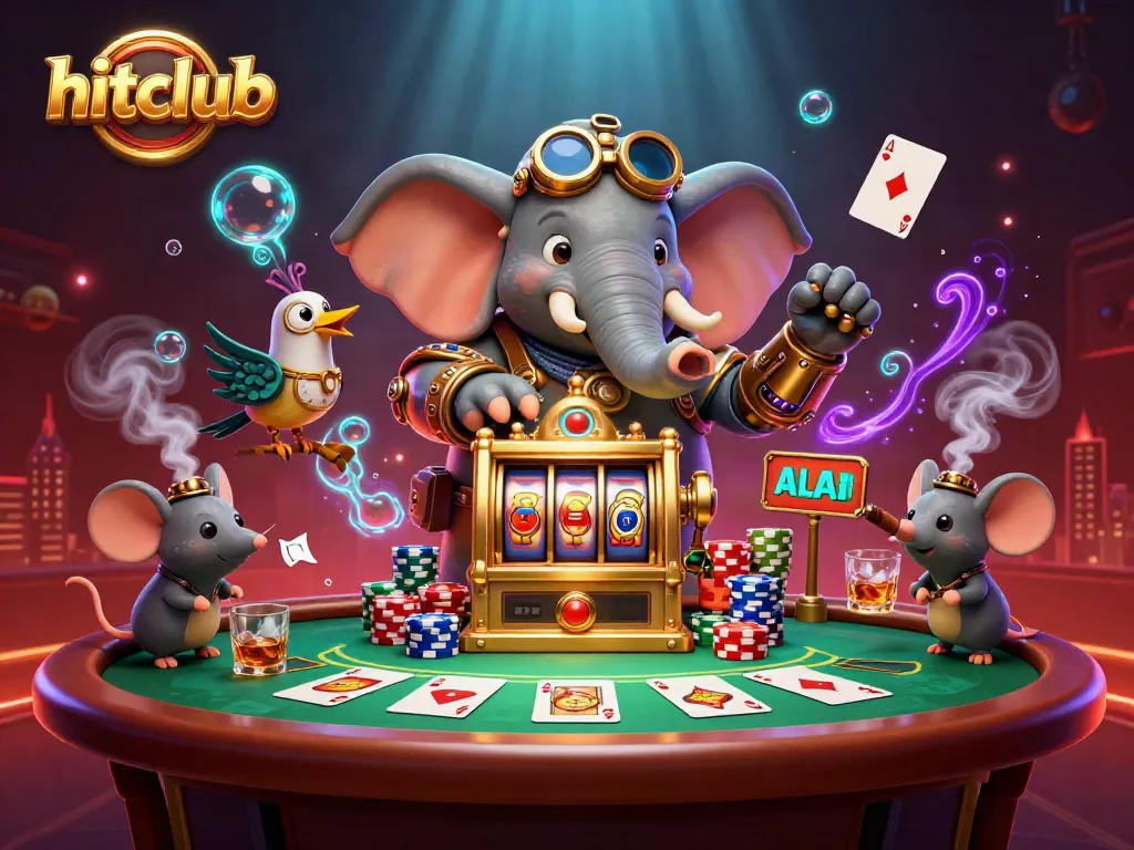 Hitclub: Engage in thrilling slot gameplay with a steampunk elephant in a vibrant casino scene.