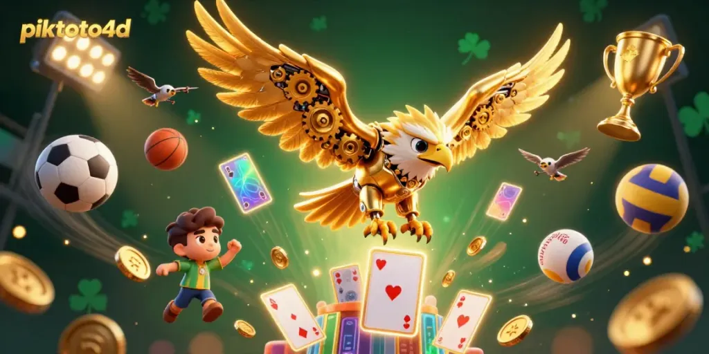 Experience the excitement of piktoto4d with a dynamic scene featuring a golden eagle amidst glowing gaming elements.