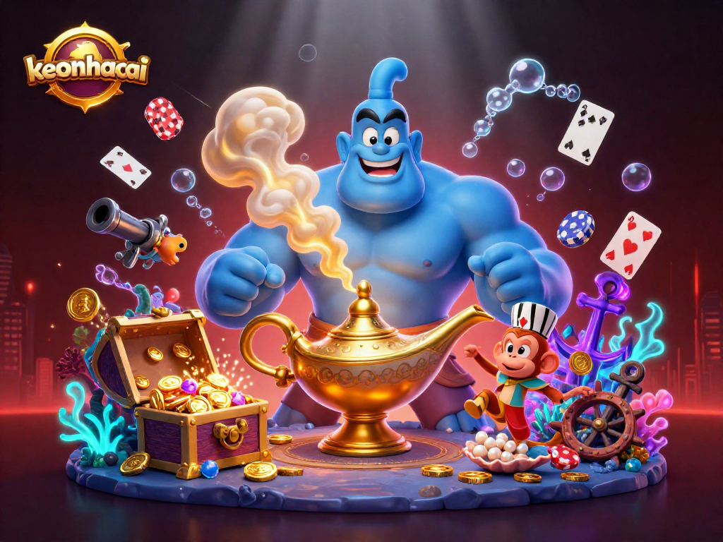 Experience big wins with keonhacai in a whimsical casino scene featuring a genie and poker chips.