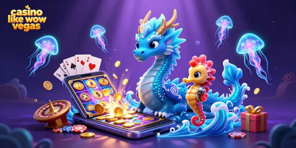 Engage with casino like wow vegas through thrilling games with a 3D dragon, knight, and jellyfish.