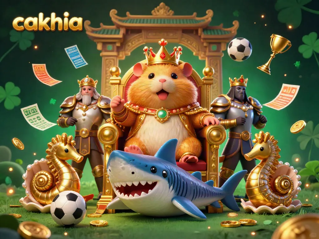 Cakhia sports betting scene featuring a golden hamster king on a megalodon throne, surrounded by dynamic gambling elements.