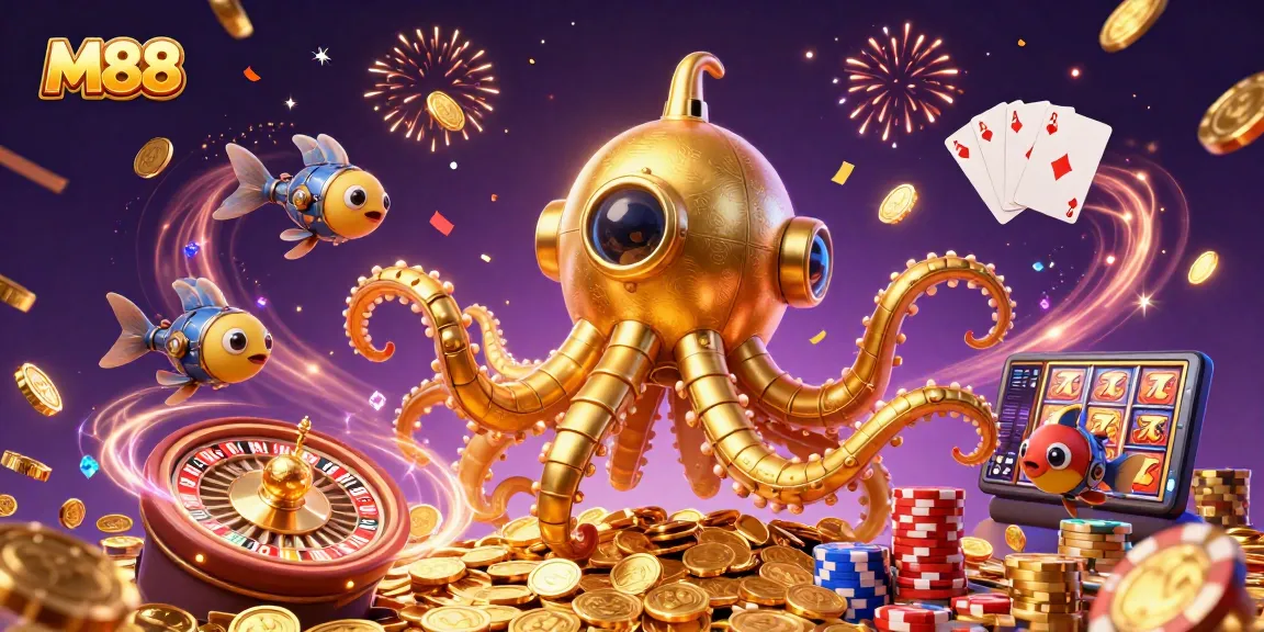 M88 unleashes excitement with a 3D kraken submarine amidst golden coins and vibrant casino elements.