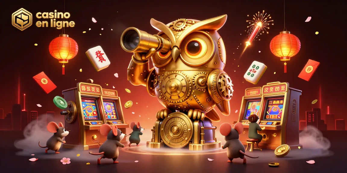 Découvrez le casino en ligne avec cette illustration captivante de machines à sous et un hibou en or.