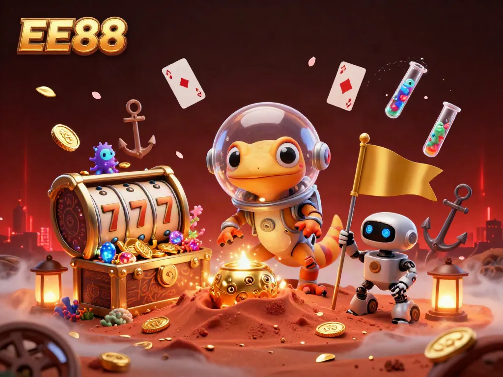 Engage in thrilling EE88 casino adventures with a Martian gecko and vibrant gambling elements.