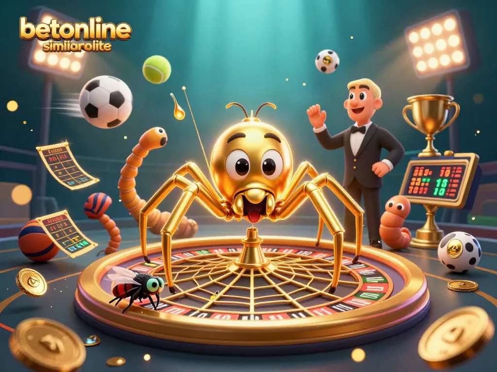 Engaging scene showcasing betonline similar sites with a golden spider, nervous fly, and centipede croupier surrounded by dynamic sports elements.
