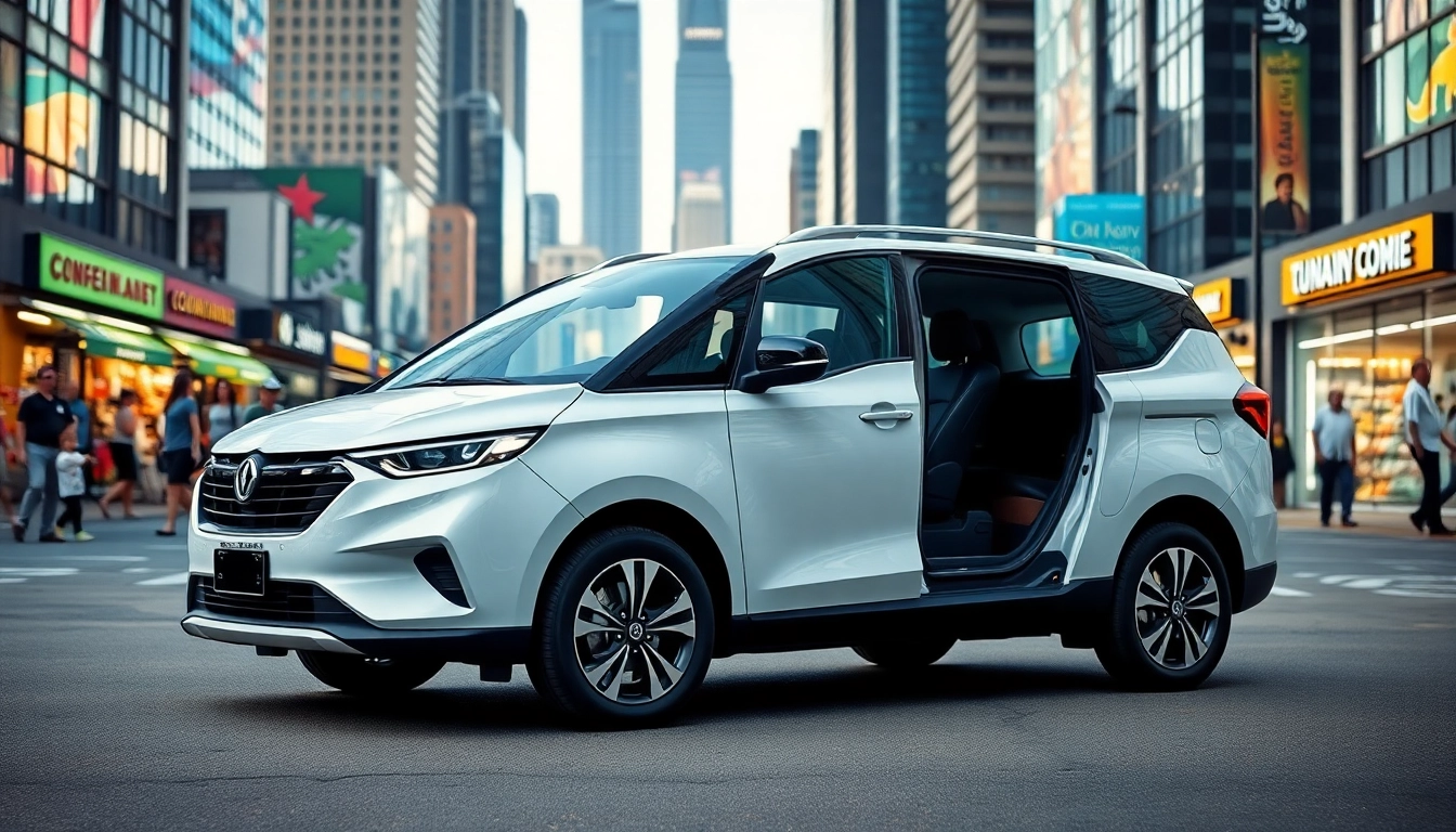 Buy New Car illustrated with a modern family-friendly vehicle against a vibrant urban skyline.
