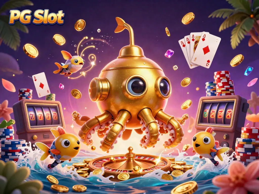 Experience PG Slot thrills with a whimsical golden kraken submarine and vibrant casino elements