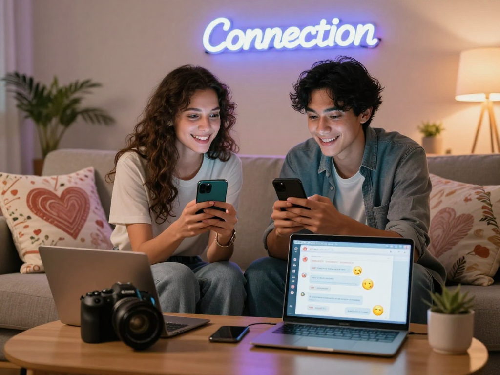 Couple engaged in AI sexting on smartphones in a cozy setting.