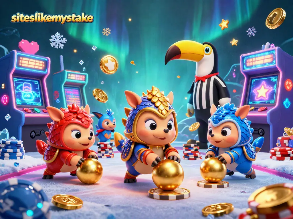Engage in thrilling gameplay at siteslikemystake with pangolins rolling into golden balls, surrounded by casino elements.