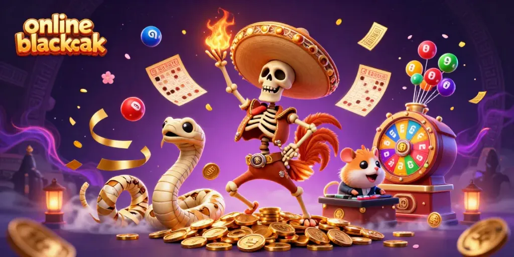 Experience the thrill of online blackjack with vibrant characters and casino elements in a lively 3D scene.