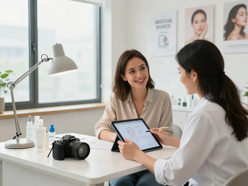 Client receiving professional beauty consultation about Alternatives to QOVES in a modern setting.