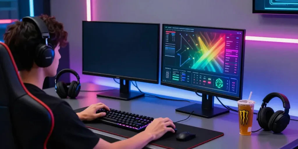 situs singatoto gaming environment with a gamer utilizing dual monitors and gaming gear