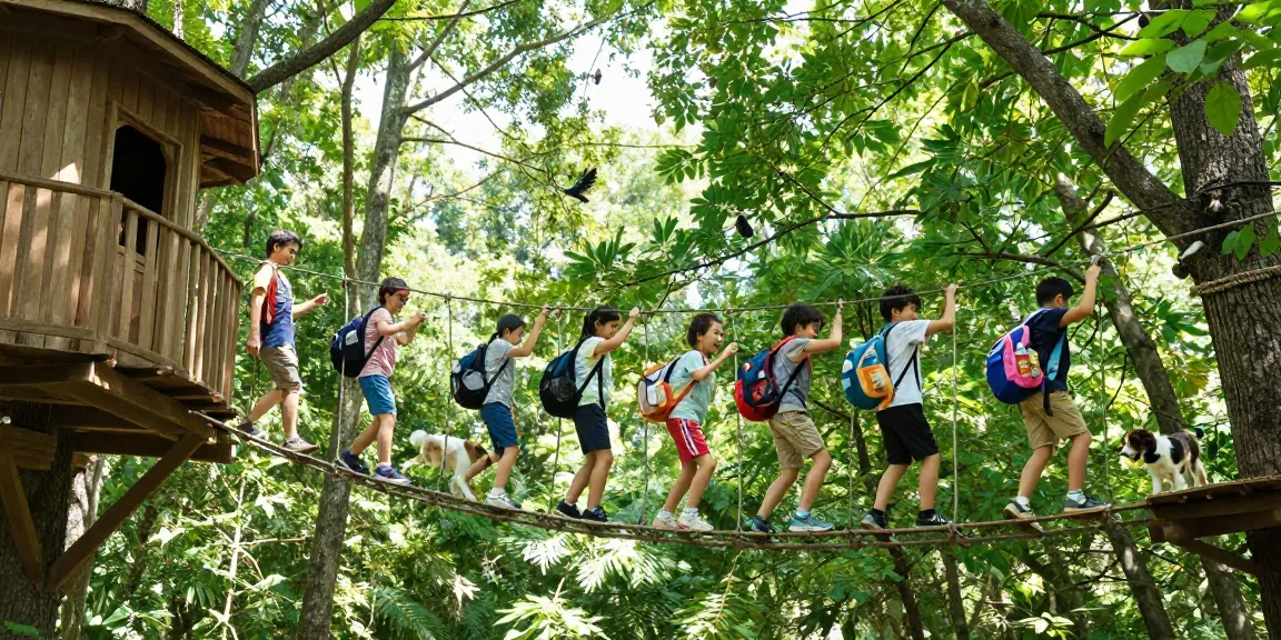 Family crossing a rope bridge, enjoying outdoor adventure in a vibrant forest.