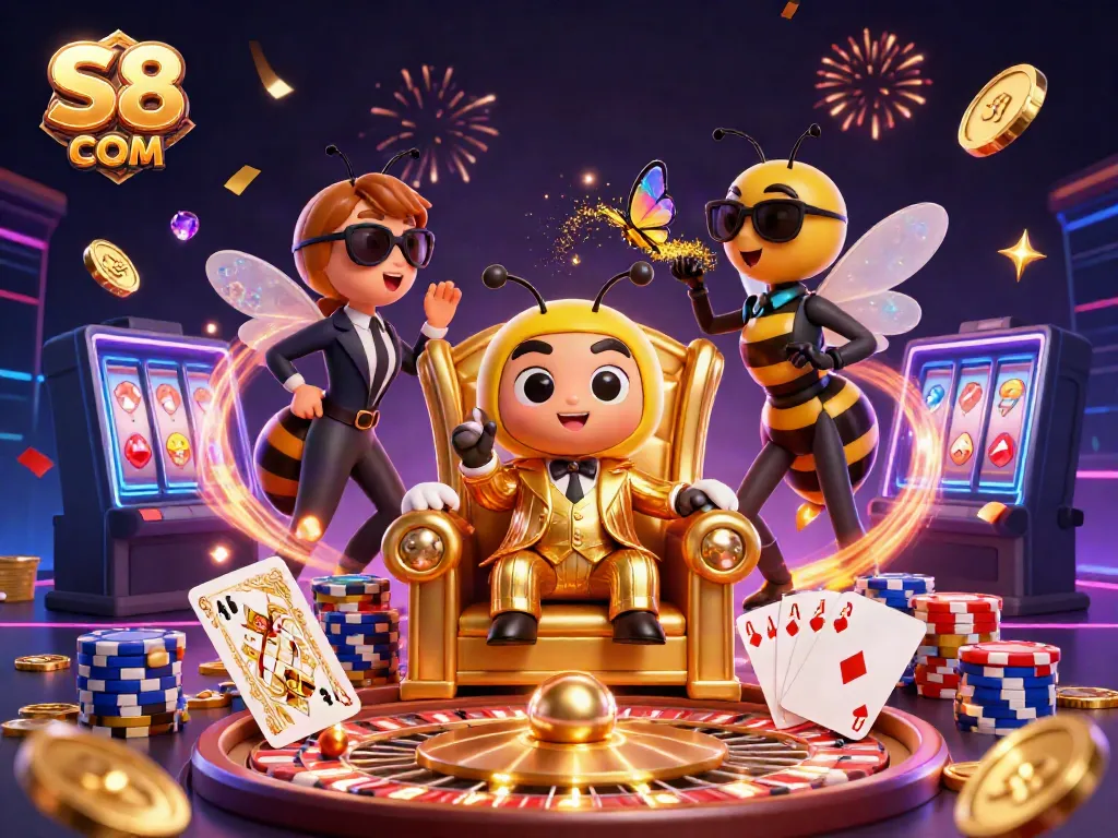 Experience excitement at S8 COM with a 3D bumblebee mob boss and casino elements.