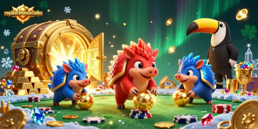 Experience excitement with royalacebonuscodes as two rival pangolins playfully compete in a vibrant casino.