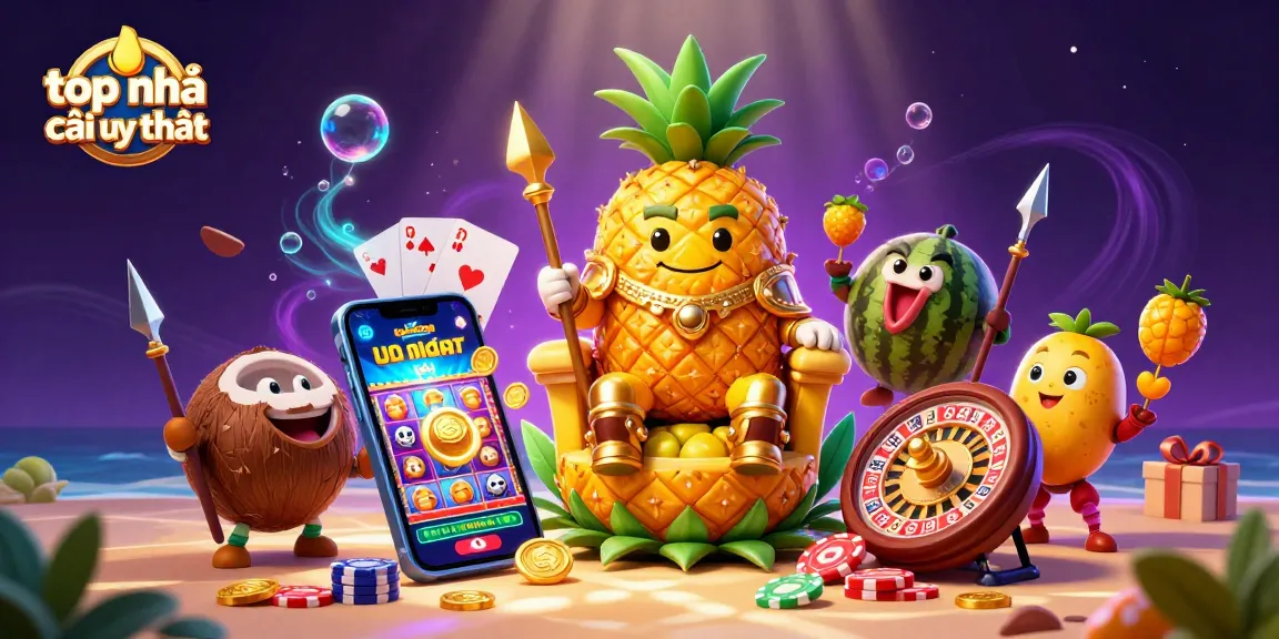 Explore the top nhà cái uy tín with engaging characters and casino elements in this vibrant illustration.