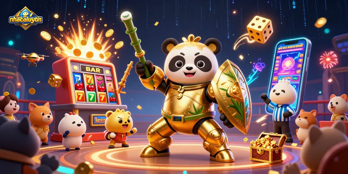 Experience thrilling gameplay with nhacaiuytin as the mech-suit panda battles in a vibrant casino arena.
