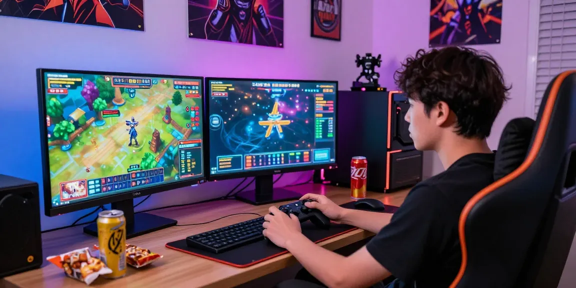 Engaging scene of a gamer playing jepang slot on multiple screens in an exciting gaming setup.
