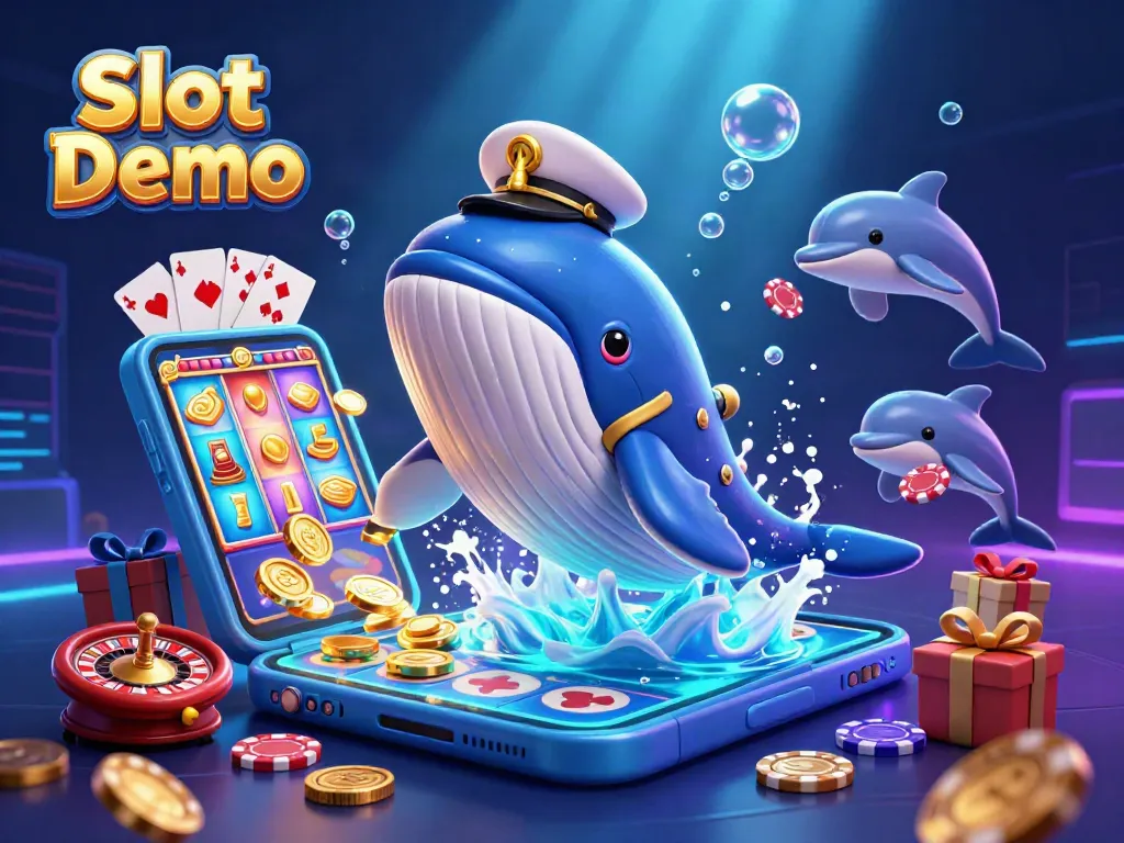 Play Slot Demo featuring a vibrant underwater scene with a whale, narwhal, and dolphins surrounded by treasures.