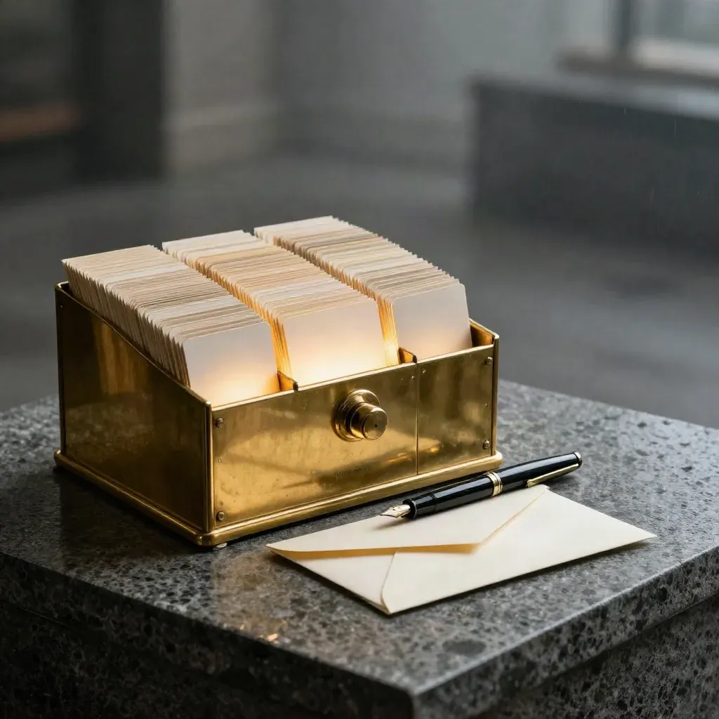 Brass contact index box with ivory cards, pen and envelope on dark stone in moody studio light