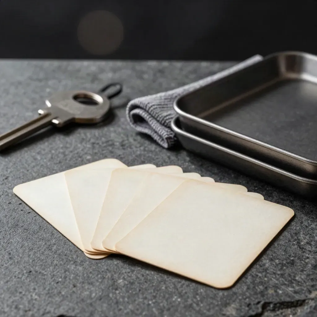 Archive cards, cloth, and trays on dark stone under dramatic studio light.