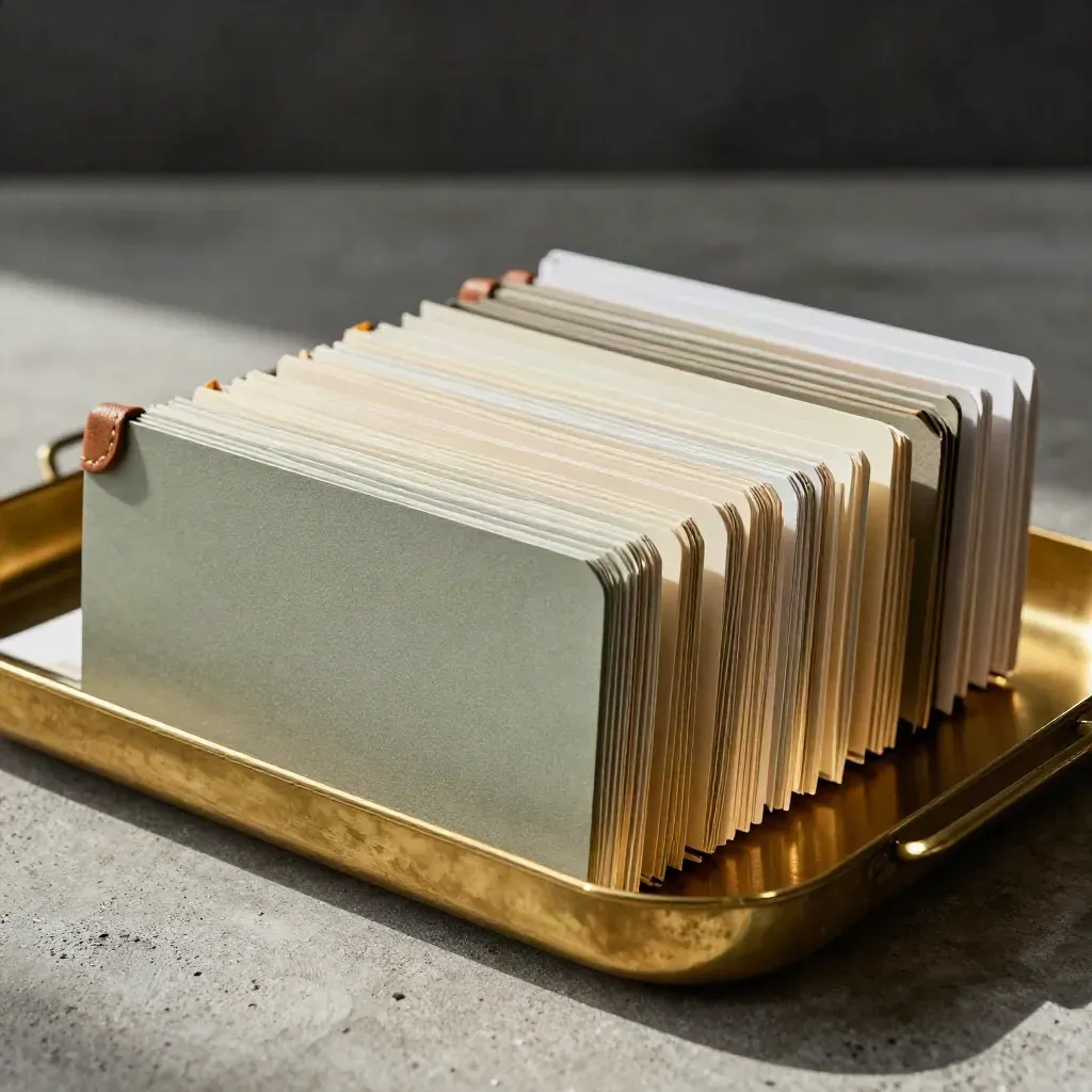 Brass tray with staggered sage contact cards on brushed concrete, top-down close-up