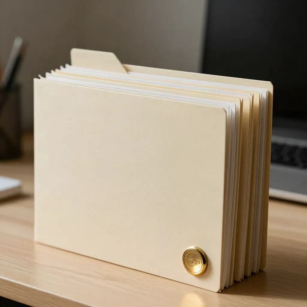 Close-up of folder sleeves, duplicate records and a stamp pad on pale wood in soft warm light.