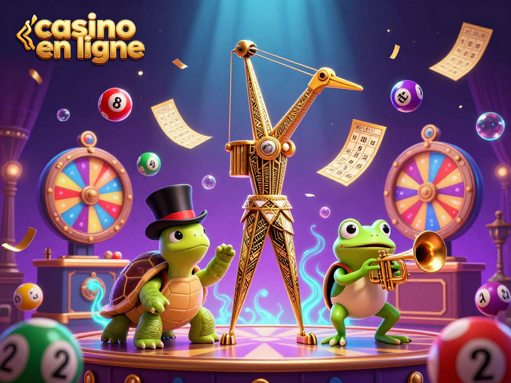 Amusez-vous au casino en ligne avec des personnages colorés et une ambiance festive entourée de jeux et de loteries.