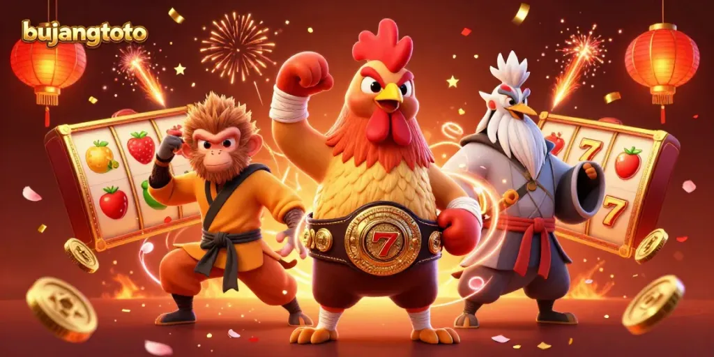 Engage with the dynamic casino atmosphere of bujangtoto featuring vibrant characters and slot elements.