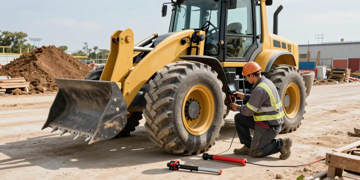 Expert technician inspecting tlb tyres on a tractor loader backhoe at a construction site