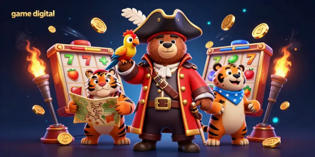 Engage in thrilling game digital experiences with a vibrant casino scene featuring playful characters.