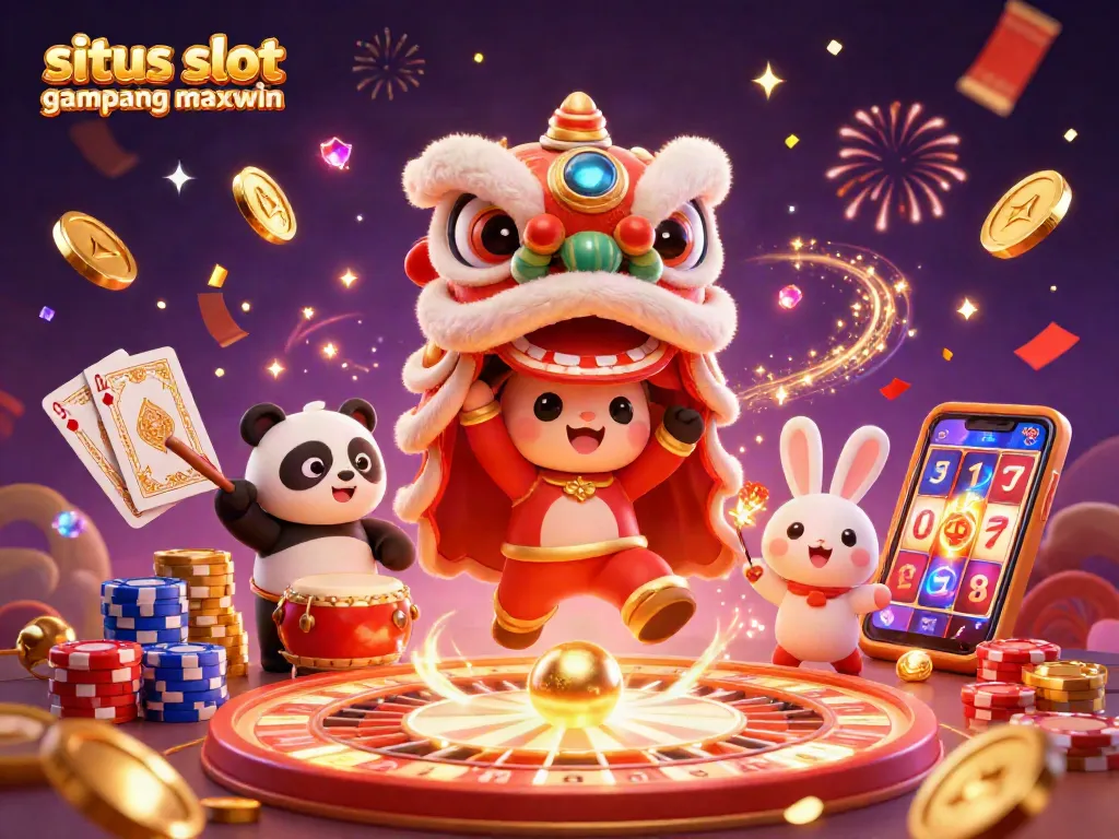 Engage in situs slot gampang maxwin with this vibrant 3D illustration showcasing a festive casino scene filled with winning symbols, characters, and gold.