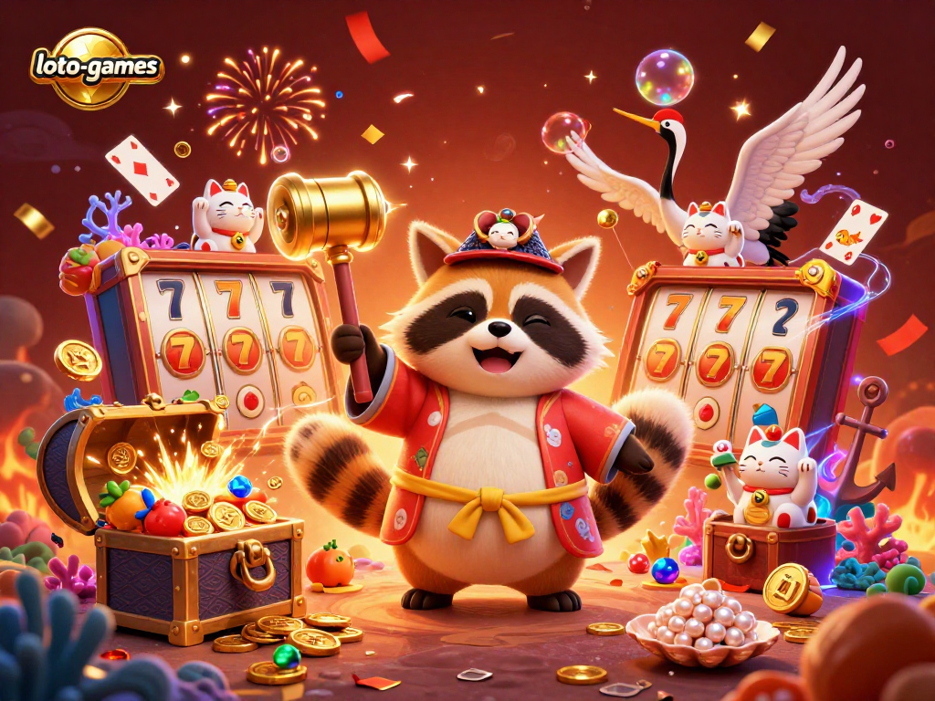 Loto-games offers dynamic gaming fun with cheerful tanuki and samurai crane in a vibrant casino scene.