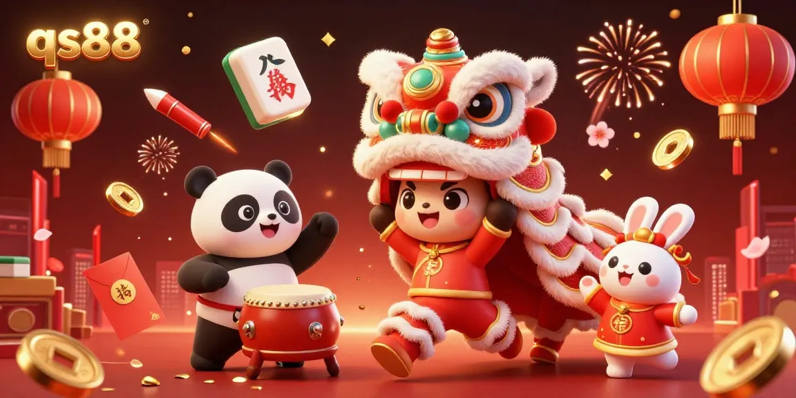 Experience the vibrant energy of qs88 with this 3D lion dance scene filled with festive casino elements.