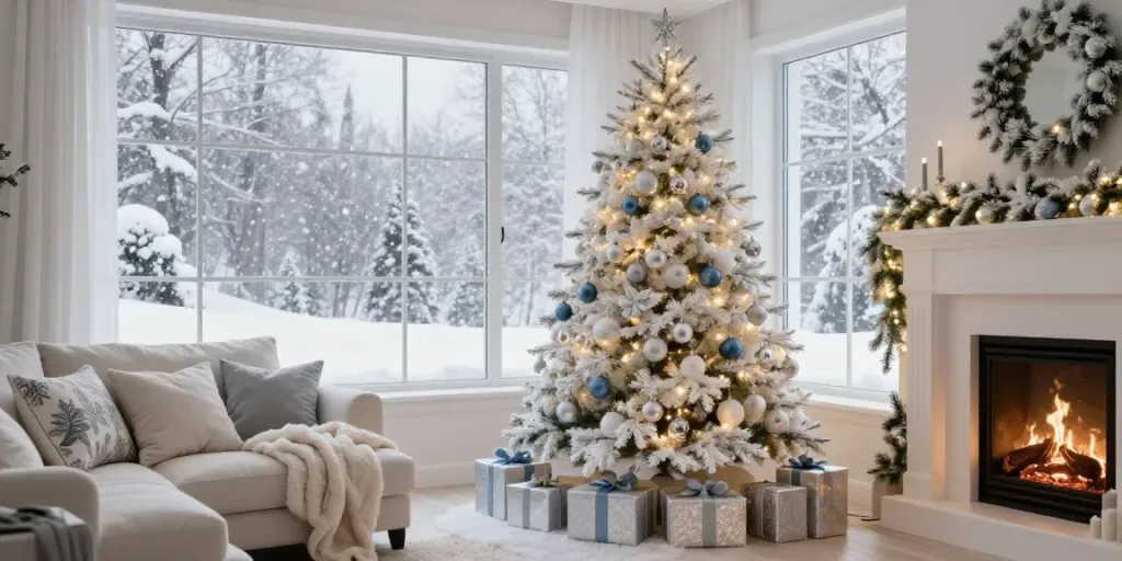 Stunning white tree xmas centerpiece in a cozy winter living room adorned with silver ornaments.