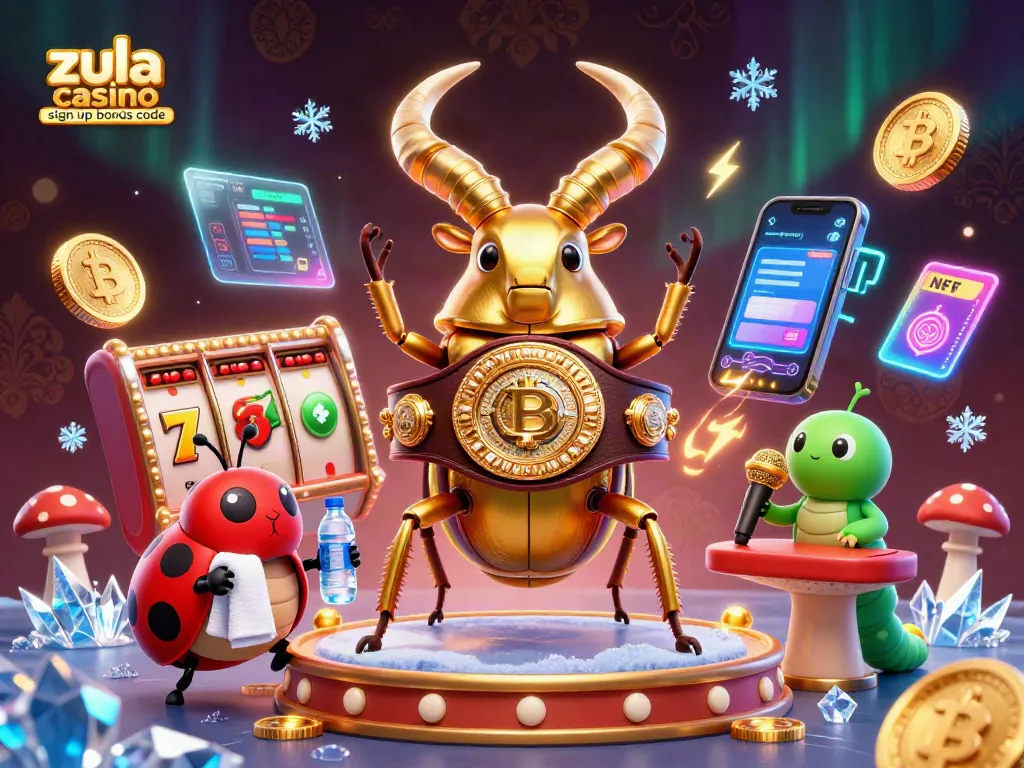 Zula casino sign up bonus code illustrated with a vibrant scene featuring a giant stag beetle boxing characters amidst slot reels and crypto elements.