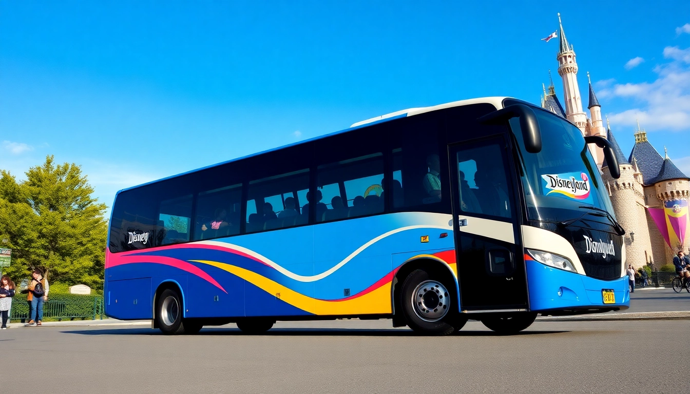 Shuttle bus taking passengers disneyland paris to airport near Disneyland Paris castle.