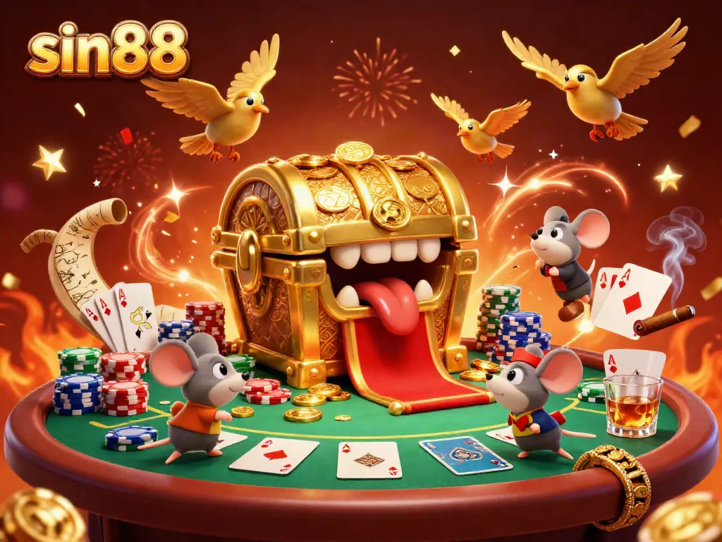 sin88 players engage in thrilling casino action with golden treasures and vibrant slots.