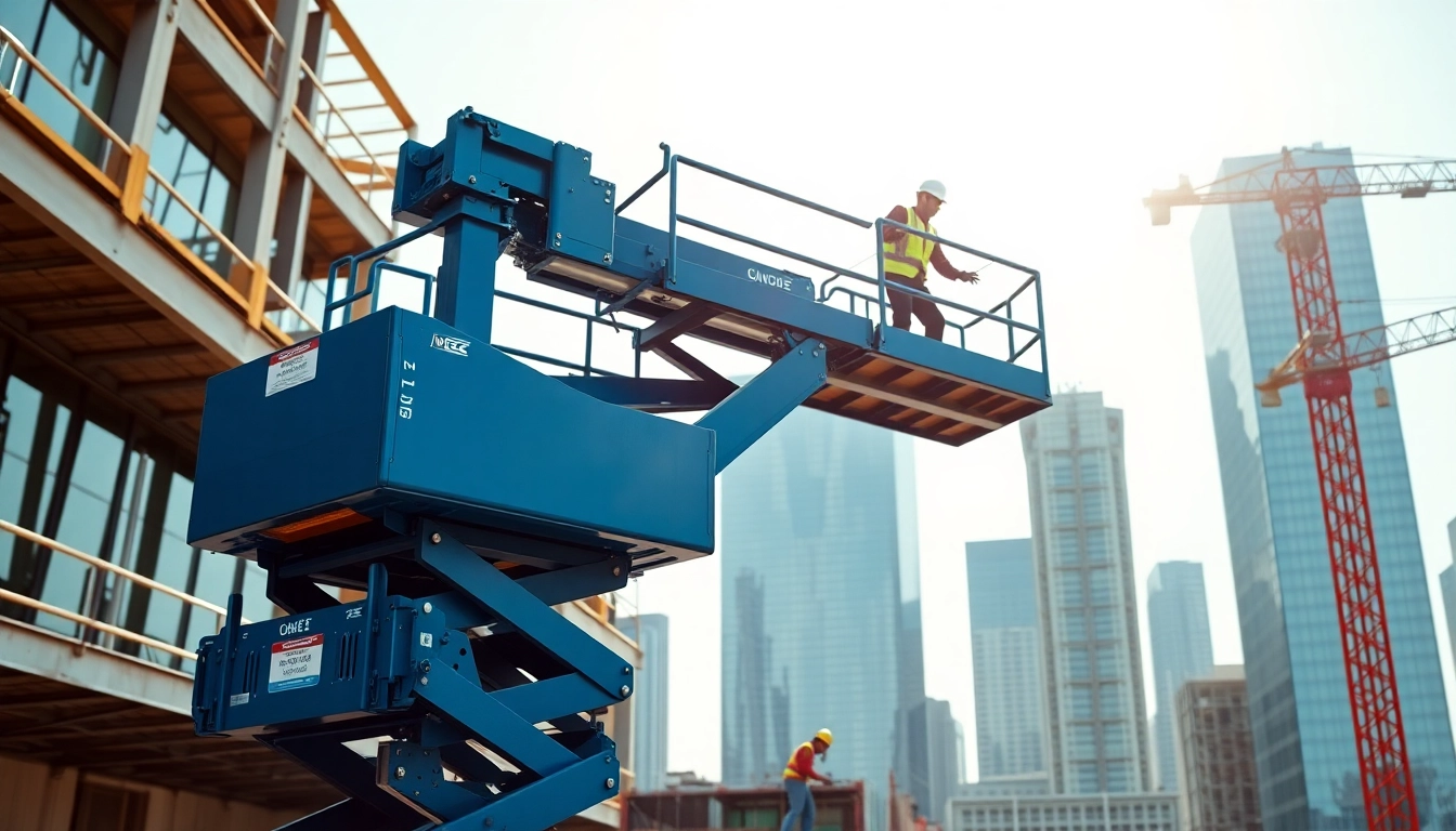 Operative using a genie lift in a dynamic construction environment, showcasing performance.